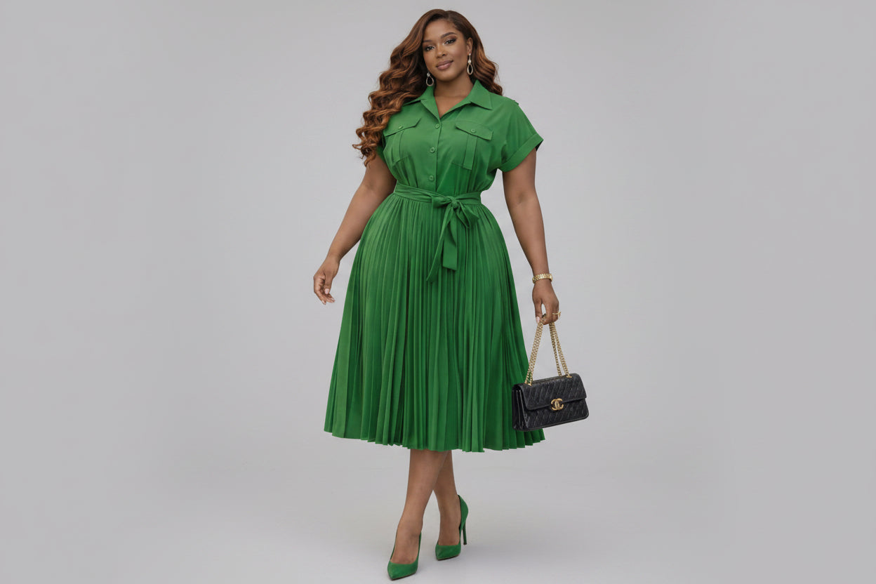 Elegant Pleated Midi Dress – Chic & Effortless